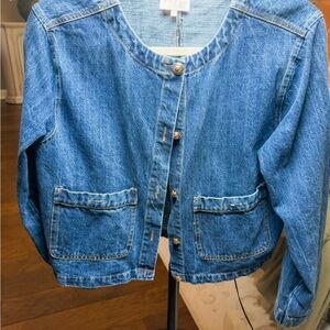 entro Blue Round-Neck Denim Jacket with Patch Pockets
